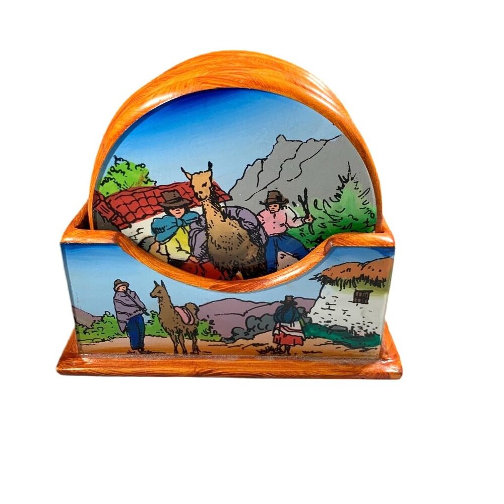 PERU Reverse Painted Wood Glass Coasters Set of 6 Holder Llamas Sheep Village